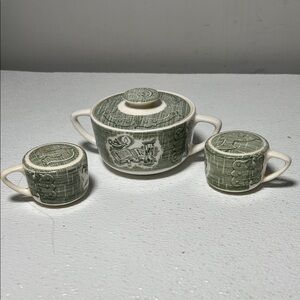 Royal China USA Old Curiosity Shop Sugar Bowl AND Salt Pepper Shakers 50's